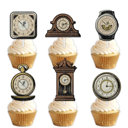 18pcs Glitter Retro Clock Dessert Cupcake Topper Pick for Return to the Ancients Theme Decor Supplies Baby Shower Men Women Anniversary Happy Birthday Party Decorations