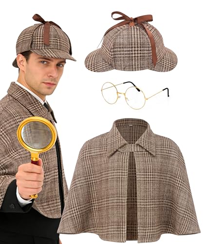 Univafeli Adults Detective Costume Mens Womens Victorian Outfit Inverness Cape Deerstalker Hat for Halloween Cosplay Button L