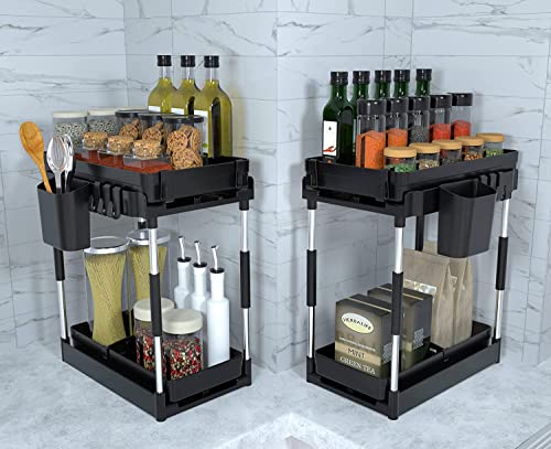 Double Sliding Under Sink Organizers And Storage - 2 Tier Pull Out Under Kitchen Cabinet Organizer W 4 Hanging Cup,8 Hooks,4 Dividers, Under Counter Sink Organization For Bathroom, Adjustable H And W #TOP4