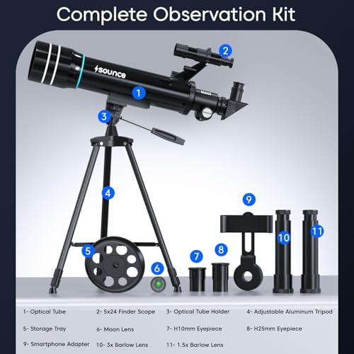 Image of Sounce Astronomical Refractor Telescope 70mm Objective Lens, 500mm Focal Length, 20X-150X High Magnification, Aluminum Alloy Build & Adjustable 135cm Stand for Kids, Adults & Astronomy Beginners