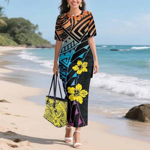 Image of Puletasi Samoan Traditional 2 Piece Outfits for Women Short Sleeve Crop Top and Maxi Skirt Sets Puletasi Dress