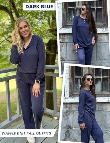 Ekouaer Waffle Knit Pajamas for Women Set Long Sleeve Pants Pj Henley Tops Lounge Sets Comfy Sleepwear with Pockets2