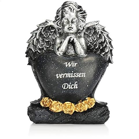 com-four® Grab Dekoration Engel, Gedenkstein mit Rosen und Herz, wetterfester Grabschmuck, Trauerstein mit Gedenkspruch (1 Stück - Engel Herzstein Rosen) Cover