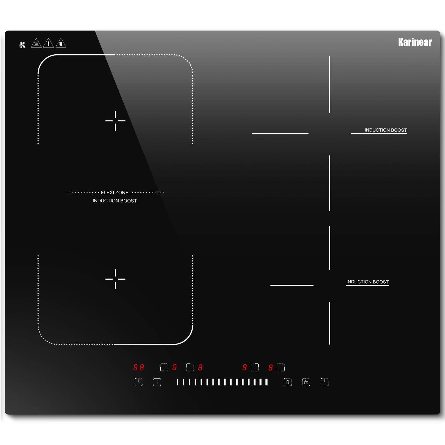 Karinear Plaque Induction 4 Feux avec Flexi Zone, Plaque de cuisson Induction encastrable 60cm, 7200W, Commande à curseur, fonction Boost, minuterie, sécurité enfants, 220V