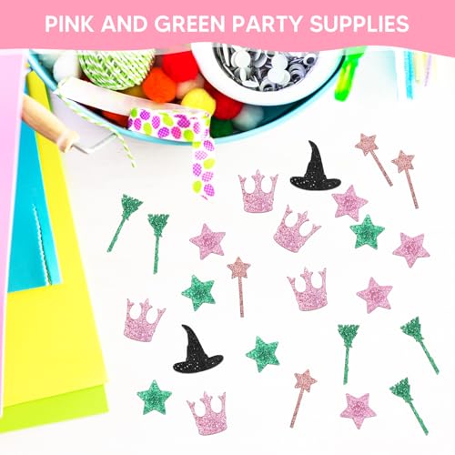 Image of 200 Pcs Pink and Green Glitter Confetti, Wicked Witch Themed Table Scatter, Magic Broom Wand Hat Crown Star Shapes for Princess Girls Birthday Baby Shower Party Supplies