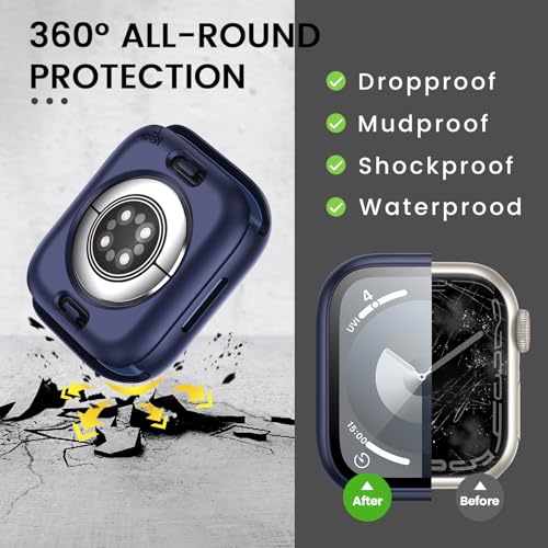 Image of 3 in 1 Goton Waterproof Hard Case for Apple Watch Screen Protector 45mm, 360 Slim Full Protective Tempered Glass Face Cover + Back Hard PC Bumper for iWatch Series 9 /8 /7, 45mm Blue