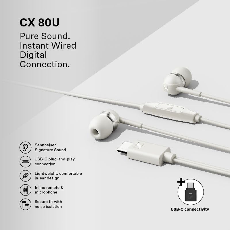 Image of Sennheiser CX 80U Wired in-Ear Earphones with in-Line Microphone, One Button Smart Control, Lightweight Design, USB Type-C, 3 Ear Tip Sizes, 1Y Warranty, Voice Control, White