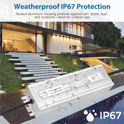 Image of LED Driver 200W 12V Power Supply, IP67 Waterproof Low Voltage Transformer, AC 90-130V to DC 12V 16.6A Converter for Outdoor Landscape Lighting, LED Strip, with 3-Prong Plug 3.3 Feet Cable