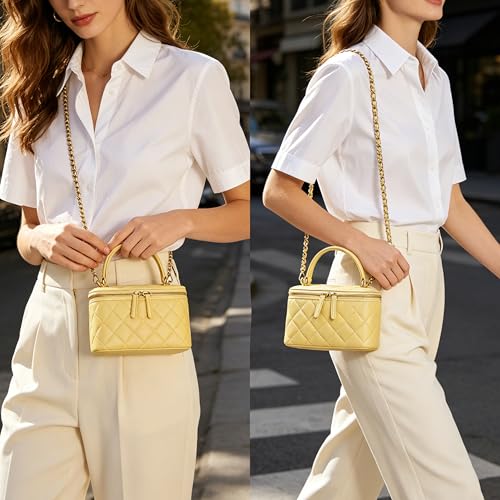 Image of DORIS&JACKY Small Quilted Box Crossbody Purse For Women, Designer Lambskin Leather Mini Top Handle Tote Bag With Chain Strap