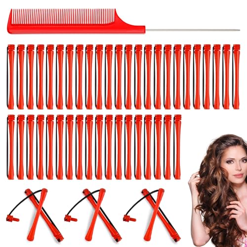 48 Pieces Hair Perm Rods, Hair Perm Rods Plastic Perming Rods Curlers Hair Rollers with Steel Pintail Comb Rat Tail Comb for Hairdressing Styling Tools (0.2 Inch, Red)