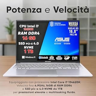 ASUS VivoBook Pc Portatile, Notebook i7 13620H, 16GB RAM DDR4, SSD 1TB, DISPLAY IPS WUXGA 16,0" FULL HD, Computer Portatile, Laptop con Tastiera Retroilluminata, Fingerprint, 16" - Garanzia 3 Anni