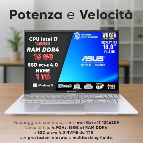 VivoBook Pc Portatile, Notebook i7 13620H, 16GB RAM DDR4, SSD 1TB, DISPLAY IPS WUXGA 16,0" FULL HD, Computer Portatile, Laptop con Tastiera Retroilluminata, Fingerprint, 16" - Garanzia 3 Anni - Notebook - Immagine 3
