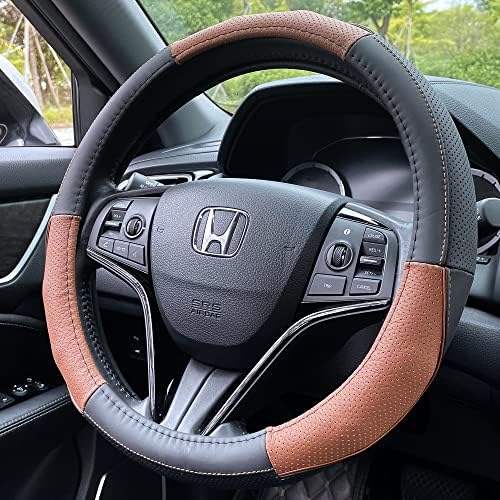 Reechall Leather Car Steering Wheel Cover with Black and Orange Stitching | for Men and Women,Universal 14.5 Inch Anti-Slip Odorless Black Car Steering Wheel Protector (Orange and Black Stitching)