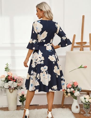 Image of HomRain Women's Church Dresses Modest Bell Sleeve Wedding Guest Cocktail Tea Party Vintage Evening Dress