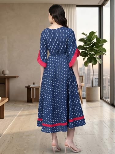 Image of Yash Gallery Women's Fit And Flare Calf Length Cotton Ikat Printed Flared Dress