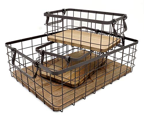 KeKaBox Metal Wire Storage Baskets with Natural Wood Base, Nesting Organizers with Handles… (Set of 3)