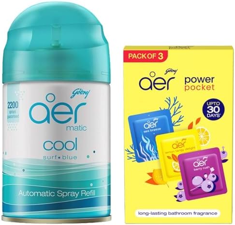 Godrej aer Matic Refill - Automatic Room Fresheners | Cool Surf Blue | 2200 Sprays Guaranteed (225ml) & Godrej Aer Power Pocket| Assorted Pack of 3 (30g)