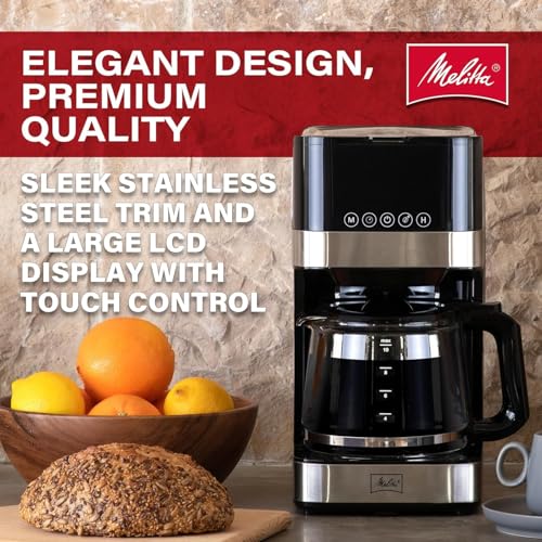 Image of Melitta Aroma Tocco Glass 10-Cup Drip Coffee Maker, Automatic and Programmable, 96oz Capacity with 5-Pack Coffee Filters | Black | Automatic and Programmable, Auto Shut Off, Touch Control Panel, Stainless Steel Accented, with 5 Pack Coffee Filter