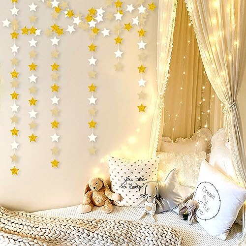 Image of White-Gold Champagne Party-Decorations Bachelorette-Christmas Garland - 62ft Twinkle Little Star Hanging Streamers Banner, Wedding Birthday Baby Bridal Shower Engagement Decor Hugtmr