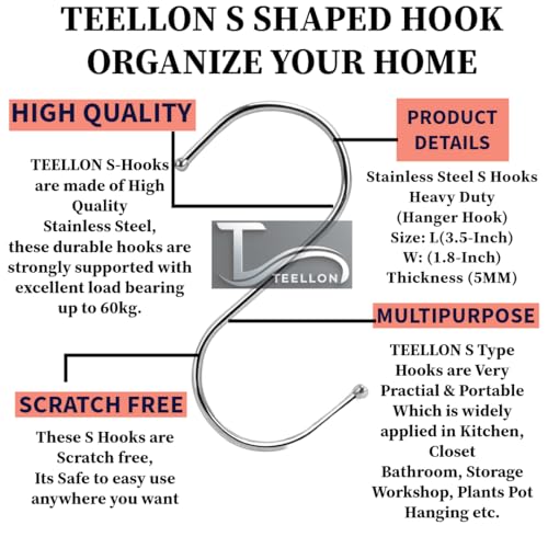 Image of 100% Stainless Steel S Hooks (Pack of 15) S Shaped Hook for Hanging Heavy Duty for Kitchen Cutlery, Bathroom Towels, Curtain rods, Potted Plants, Pan, Pot, Coat (5mm,3.5 Inch in Length)