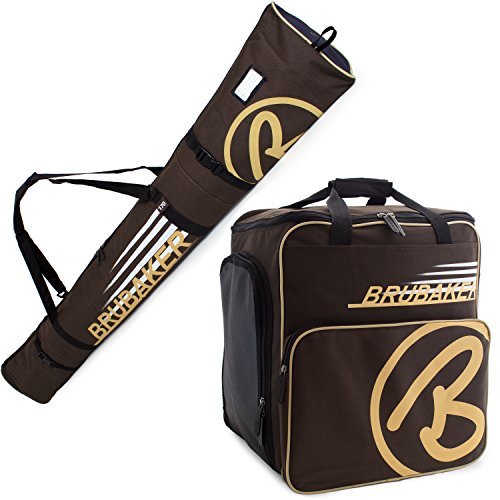 BRUBAKER Champion Combo - Limited Edition - Ski Boot Bag and Ski Bag for 1 Pair of Ski up to 190 cm, Poles, Boots and Helmet - Brown Sand