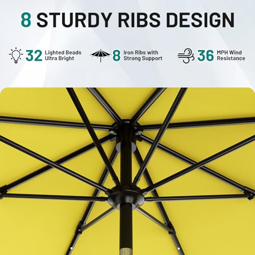 Image of AreShark 9FT Patio Umbrella with Solar Lights, 32 Lighted Pool Umbrella w /Tilt and Crank, Outdoor Market Solar Umbrellas for Garden, Deck, Backyard, Pool and Beach, Yellow