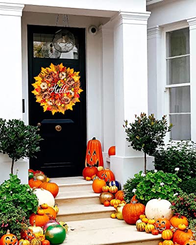 Soosubel Fall Wreaths For Front Door, Thanksgiving Wreath With Hello Sign Pumpkin Maple Leaf, 20 Inch Autumn Harvest Front Door Wreath For Home Decor #TOP4