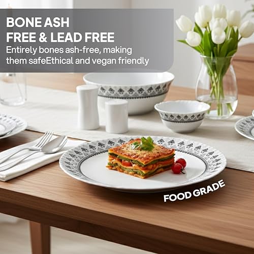 Image of CELLO Damask Imperial Plus Series Opalware Dinner Set of 33 Pieces For Family of 6 | Bone-Ash Free & Leadfree Opal Glass Microwave & Dishwasher Safe Crockery Plates & Bowls Set For Daily Use & Gifting