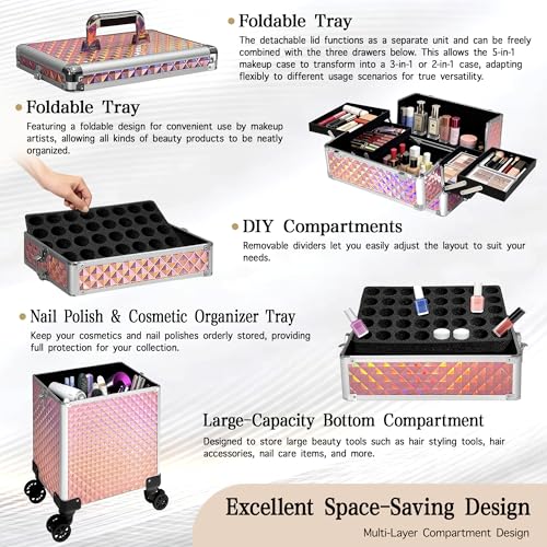 Image of 5 in 1 Rolling Makeup Train Case on Wheels Large Cosmetic Organizer Travel Cart for Women Beauty Salon Barber Hairstylist Pink