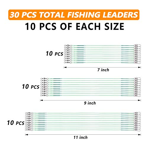 GOTRAYS 30Pcs Fishing Leaders Wire Tooth Proof 7 Strand Stainless Steel with Swivels Snap Kit Connect Tackle Lure Rig or Hooks, Fishing Leader Line for Fishing Rig Saltwater and Freshwater 3Size/Green