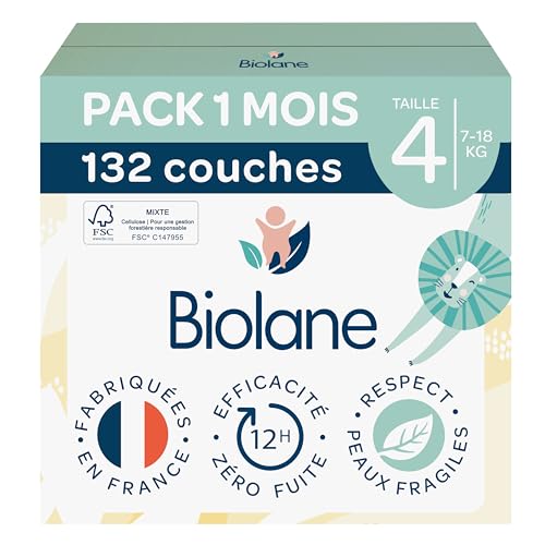 BIOLANE - Couches bébé taille 4 - (7-18 kg) - Peaux Sensibles - Ultra-Absorbant, Pas de Fuite, jusqu'à 12h au Sec - Confort & Protection - Pack 1 mois 132 couches - Fabriqué en France