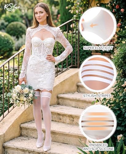Image of RSLOVE Thigh High Stockings for Women - Stripe Top with Anti-Slip Silicone Stay Up Sheer Pantyhose for Cosplay, Date Night