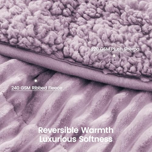 Image of Sherpa Fleece Weighted Blanket with Ribbed Stripes for Adults, 15 lbs Dual Sided Cozy Warm Blanket for Couch Full Size Bed, Glass Beads Heavy Thick Blankets Great for Sleep, Light Purple, 60 inch x 80 inch