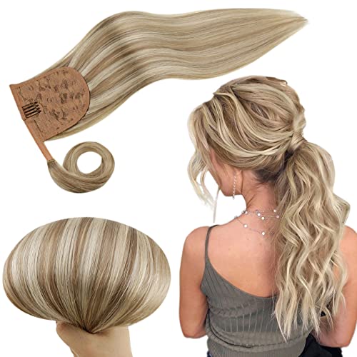RUNATURE Blonde Real Hair Ponytail Extension Highlight Brown Ponytail Hair Extensions Real Human Hair Blonde Clip in Ponytail Hair Extensions Straight 16 Inch 80 Gram