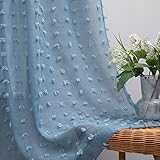 KOUFALL Durchscheinende Vorhänge für Schlafzimmer, strukturiert, Boho, Pompons, Voile, Landhaus-Chic, Vintage, für Wohnzimmer, Mädchen, Hochzeit, Hintergrund, 132 x 213 cm lang, steingrau, graublau