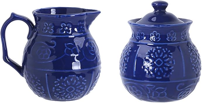 CHOOLD Blue Embossed Ceramic Sugar and Creamer Set with Lid Spoon Creamer Serving Set Coffee Serving Set, 10oz