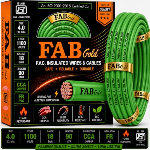Image of 4.0 sqmm Single Core Copper Electrical Wire, 90 Meter (Green) | Heat Resistant & Flame Retardant (FR) | Lead-Free LSH House Wire for Home & Industrial Use