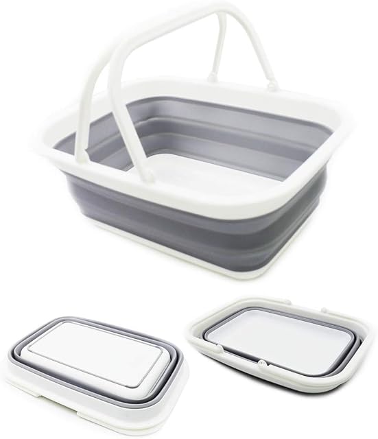 SAMMART 9.2L Collapsible Tub with Handle - Portable Outdoor Picnic Basket/Crater - Foldable Shopping Bag - Space Saving Storage Container (White/Grey, 1)