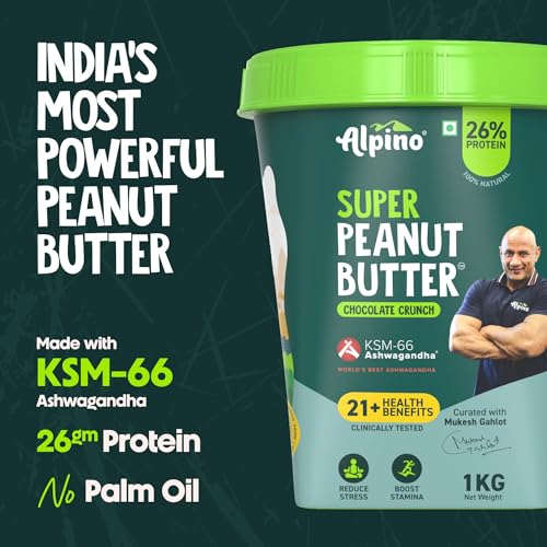 Image of Alpino Super Peanut Butter with KSM-66 Ashwagandha Chocolate Crunch 1kg - Curated by Mukesh Gahlot inchGuruji inch - High Protein, Clinically Tested with 21+ Health Benefits: Aids Strength, Stamina and Recovery