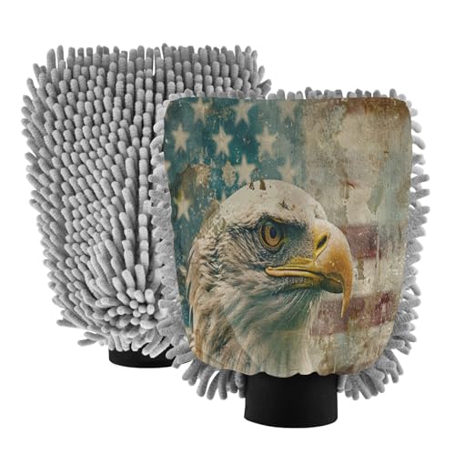 Blueangle 2 Pack Flag Bald Eagle Car Wash Mitt - Chenille Microfiber Scrub Mitts for Scratch-Free Car Washing & Home Cleaning, Auto Detailing Mitt?281?