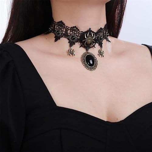 Miniatura 3 de Sither Gargantilla de Halloween para mujer, colgante de cristal negro, collar de araña gótica de encaje negro para Halloween, punk fiesta de