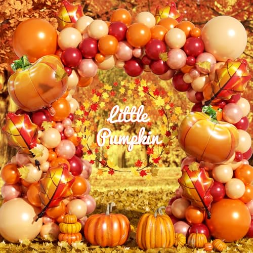 Image of Fall Balloon Arch Garland Kit 172pcs with Leafs Pumpkins, Thanksgiving Balloons Arch Orange Nude Burgundy Rose Gold Balloons Different Sizes for Little Pumpkin Birthday Baby Shower Decoration
