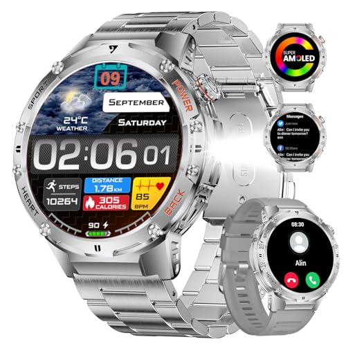 HIRREO Herren-Smartwatch für Android iOS mit Anruf, Bluetooth, 1,43 Zoll, AMOLED, rund, Smartwatch für Herren, Silber, Stahl, LED-Taschenlampe, 530 mAh Akku, Gesundheitsmonitor, 100 + Sport