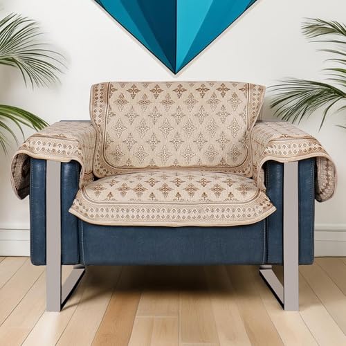 Image of Premium Chenille Woven Anti-Slip 1 Seater Sofa Cover with Arm Rest | L-Shape Sofa Seat Protector for Living Room | Durable & Stylish Slipcover - Beige