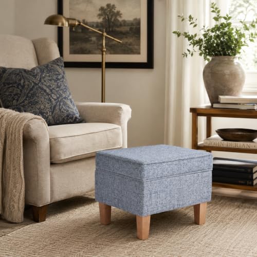 Image of HomePop 22 inch Medium Rectangular Storage Ottoman - Blue Gray Woven Fabric