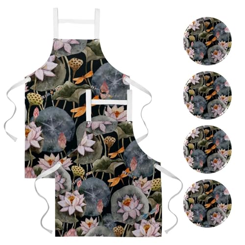 Tabliers de cuisine lotus rose par 2 avec broches pour pâtisserie
