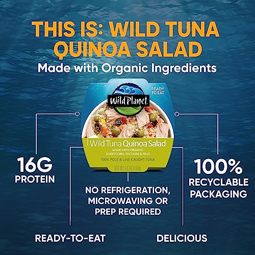 Image of Wild Planet Ready-To-Eat Wild Tuna Quinoa Salad, 5.6 Ounce Can, Pack of 12 | Tuna Pasta with Organic Red Peppers, Tomatoes & Green Olives. Non-GMO, Gluten Free, Kosher, Dairy Free