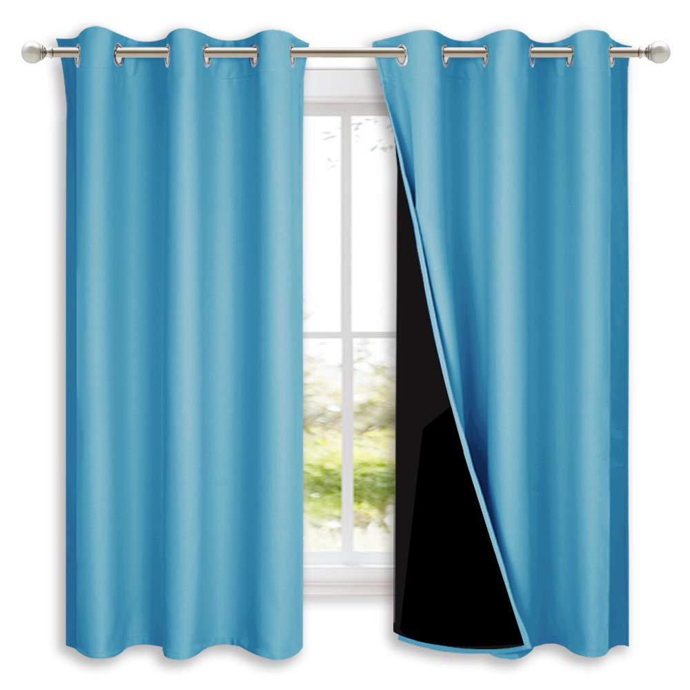 NICETOWN 100% Blackout Short Curtains with Black Liners, 2 Panels, 37" W by 50" L, Teal Blue, Solid Thermal Insulated Full Blackout 2-Layer Lined Drapes, Energy Efficiency Window Draperies for Bedroom