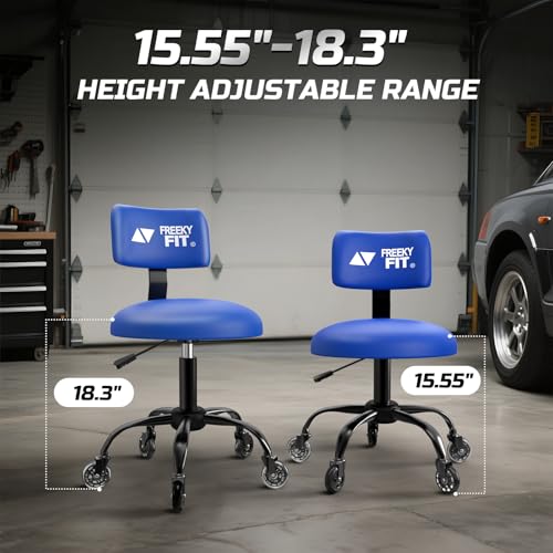 Image of Rolling Shop Stool with Wheels,Mechanic Garage Short Stool Chair with Adjustable Height 15.55 inch-18.3 inch,Heavy Duty Swivel Roller Seat for Garage,Salon and Tattoo Beauty, Blue