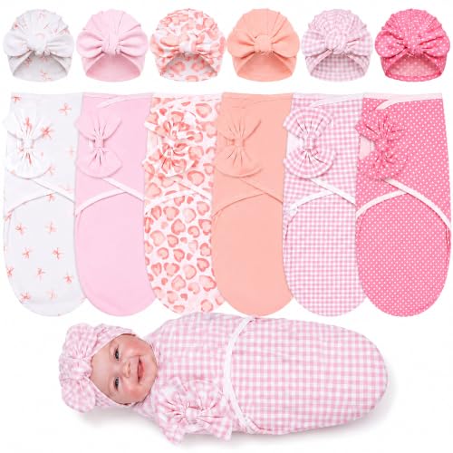 Image of Ramede 6-Pack Preemie Baby Swaddle Blankets with Hats, Breathable 100% Cotton Baby Swaddles, Suitable for Preemie Babies and Newborns, Soft Cotton, Adjustable(Bow,Soft Pink)